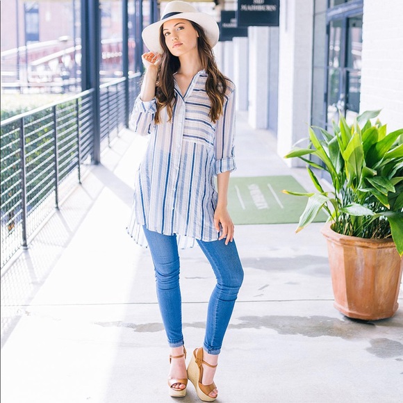 LAST ONE! Striped Buttondown Blouse - Blue - Picture 5 of 7